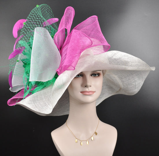 Wide Brim Sinamay Kentucky Derby Hat: Fuchsia, Pink & Green