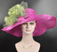 Fuchsia Sinamay Derby Hat: Green Silk Flower Wide Brim