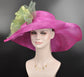 Fuchsia Sinamay Derby Hat: Green Silk Flower Wide Brim