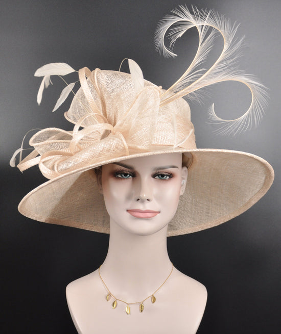 Champagne Sinamay Wide Brim Kentucky Derby Hat with Pheasant Feathers