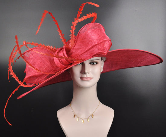 Red Feather Kentucky Derby Hat: Wide Brim Sinamay Ascot Hat