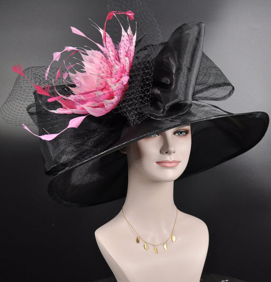 Black Sinamay Kentucky Derby Hat: Pink Feather Flower, Wide Brim Organza