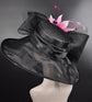 Black Sinamay Kentucky Derby Hat: Pink Feather Flower, Wide Brim Organza