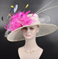Wide Brim Sinamay Derby Hat: Ivory, Fuchsia Feather Flower