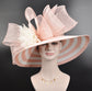 Blush Pink Sinamay Derby Hat: Feather Flowers, Wide Brim Straw
