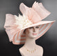 Blush Pink Sinamay Derby Hat: Feather Flowers, Wide Brim Straw