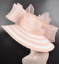 Blush Pink Sinamay Derby Hat: Feather Flowers, Wide Brim Straw