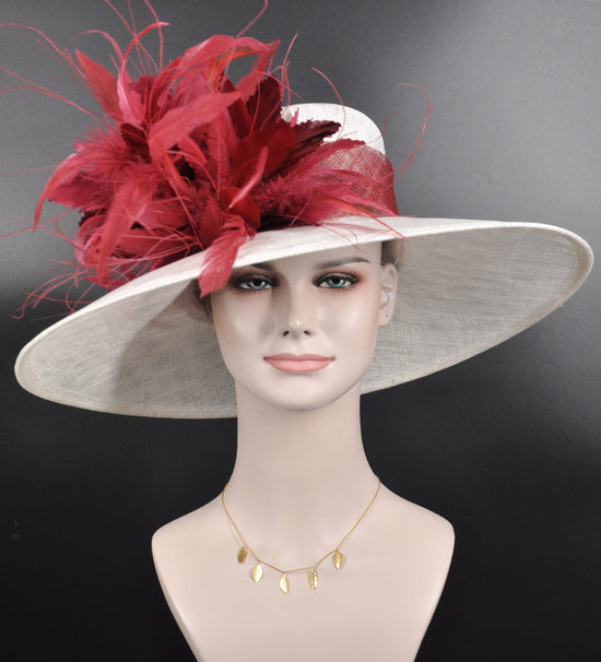 Wide Brim Sinamay Derby Hat: White & Burgundy Feather Flower