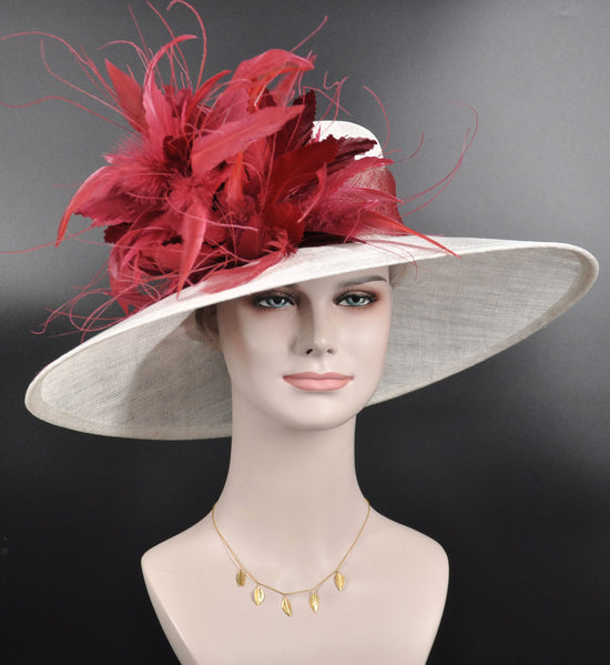 Wide Brim Sinamay Derby Hat: White & Burgundy Feather Flower