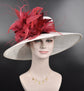 Wide Brim Sinamay Derby Hat: White & Burgundy Feather Flower