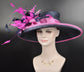 Sinamay Kentucky Derby Hat: Navy Blue Wide Brim with Fuchsia Flowers