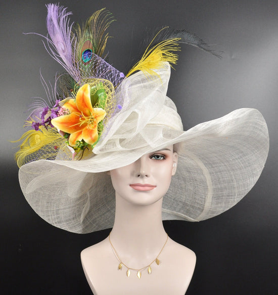 Wide Brim Sinamay Kentucky Derby Hat: Lily, Silk Flower & Peacock Feathers