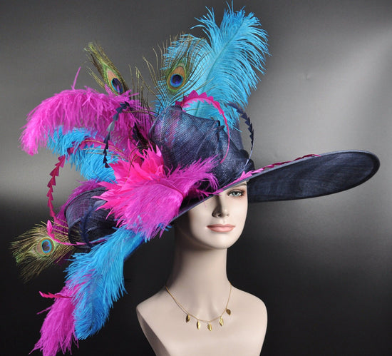 Navy Blue Teal Blue Fuchsia Feather Flower Peacock  Oaks day hat, Carriage, Tea Party ,Wedding, Kentucky Derby Hat Party Hat Ostrich Feather