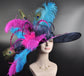Navy Blue Teal Blue Fuchsia Feather Flower Peacock  Oaks day hat, Carriage, Tea Party ,Wedding, Kentucky Derby Hat Party Hat Ostrich Feather