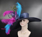 Navy Blue Teal Blue Fuchsia Feather Flower Peacock  Oaks day hat, Carriage, Tea Party ,Wedding, Kentucky Derby Hat Party Hat Ostrich Feather