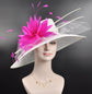 Wide Brim Sinamay Derby Hat: White with Fuchsia Flower