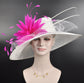 Wide Brim Sinamay Derby Hat: White with Fuchsia Flower