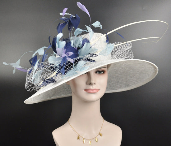 Wide Brim Sinamay Derby Hat: Feather Flower Wedding Church Hat