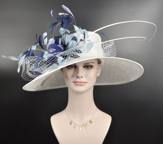Wide Brim Sinamay Derby Hat: Feather Flower Wedding Church Hat