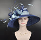 Navy Blue Sinamay Derby Hat: Feather Flowers, Wide Brim Ascot Hat