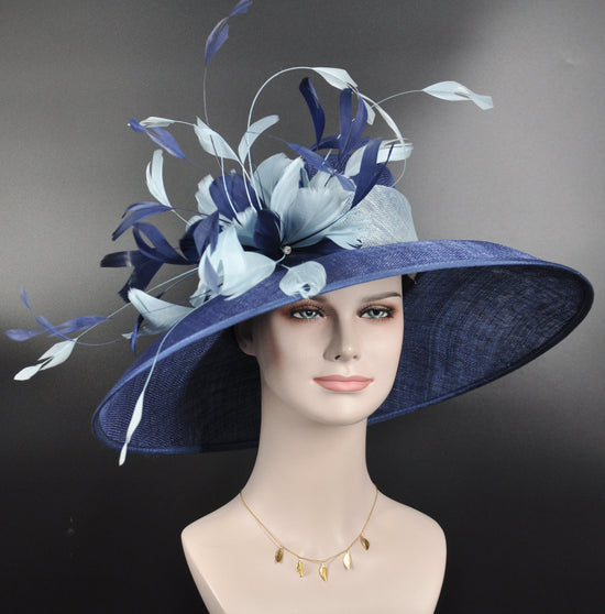 Navy Blue Sinamay Derby Hat: Feather Flowers, Wide Brim Ascot Hat