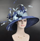 Navy Blue Sinamay Derby Hat: Feather Flowers, Wide Brim Ascot Hat
