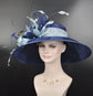 Navy Blue Sinamay Derby Hat: Feather Flowers, Wide Brim Ascot Hat