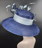 Navy Blue Sinamay Derby Hat: Feather Flowers, Wide Brim Ascot Hat