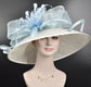 Kentucky Derby Hat: Ivory Sinamay Feather Flower, Powder Blue Bows