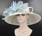 Kentucky Derby Hat: Ivory Sinamay Feather Flower, Powder Blue Bows