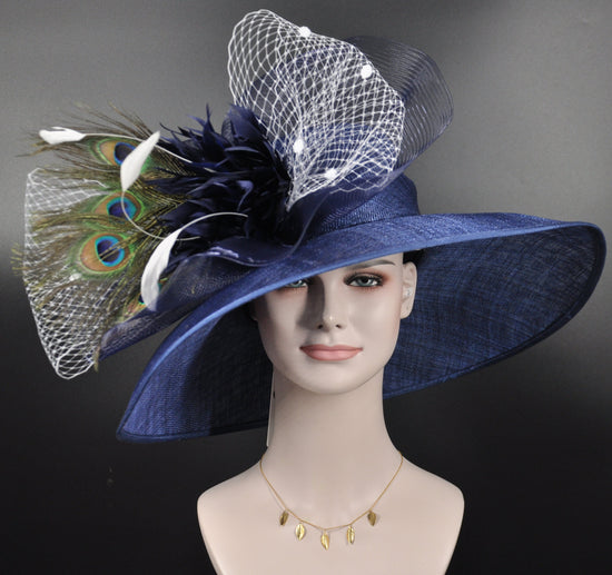 Navy Blue Sinamay Kentucky Derby Hat: Wide Brim Peacock Feather Wedding