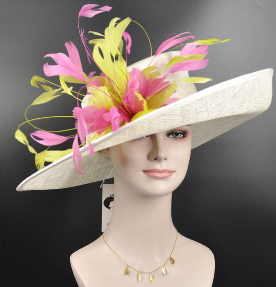 Sinamay Kentucky Derby Hat: Ivory Wide Brim Feather Church Hat