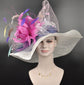 White Hot Pink Feather Flower Wide Brim Sinamay Derby Hat, Feather & Bow Statement Hat, Ascot Fascinator for Wedding, Church, Tea Party
