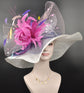 White Hot Pink Feather Flower Wide Brim Sinamay Derby Hat, Feather & Bow Statement Hat, Ascot Fascinator for Wedding, Church, Tea Party