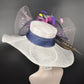 White Hot Pink Feather Flower Wide Brim Sinamay Derby Hat, Feather & Bow Statement Hat, Ascot Fascinator for Wedding, Church, Tea Party