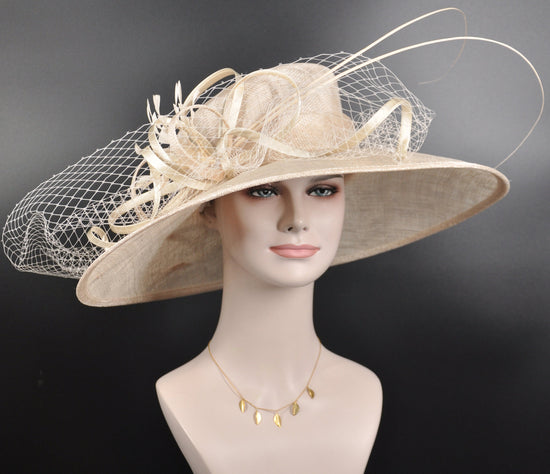 Champagne Sinamay Wide Brim Kentucky Derby Hat: Feather Flower Ascot Hat