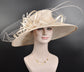 Champagne Sinamay Wide Brim Kentucky Derby Hat: Feather Flower Ascot Hat