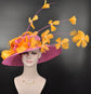 Sinamay Kentucky Derby Hat: Hot Pink Wide Brim with Orange Flowers
