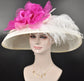 Wide Brim Sinamay Derby Hat: Ivory, Fuchsia Silk Flower