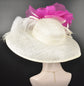 Wide Brim Sinamay Derby Hat: Ivory, Fuchsia Silk Flower