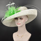 Ivory( Off white) Wide Brim Sinamay Hat w Apple Green Flower  Kentucky Derby Hat Tea Party Carriage Party  3 Layers
