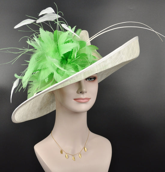 Ivory( Off white) Wide Brim Sinamay Hat w Apple Green Flower  Kentucky Derby Hat Tea Party Carriage Party  3 Layers
