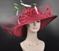 Burgundy Sinamay Wide Brim Hat: Kentucky Derby Feather Flower