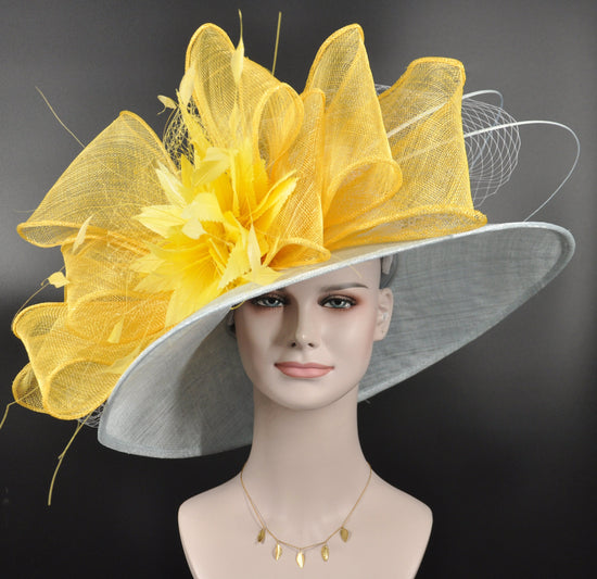 Powder Blue Sinamay Derby Hat: Yellow Ascot Race Day Wedding Hat