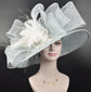 Powder Blue Sinamay Derby Hat: Wide Brim, Bows, Feather Flower