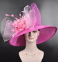 Wide Brim Sinamay Derby Hat: Pink Feather Flower Tea Party Hat