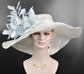 White w Powder Blue Feather Flower Kentucky Derby Hat, Church Hat, Wedding Hat, Easter Hat,  Wide Brim  Sinamay  Hat