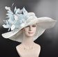 White w Powder Blue Feather Flower Kentucky Derby Hat, Church Hat, Wedding Hat, Easter Hat,  Wide Brim  Sinamay  Hat