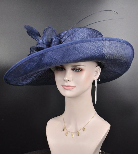 Navy Blue Sinamay Derby Hat, Wide Brim with Flower & Feathers