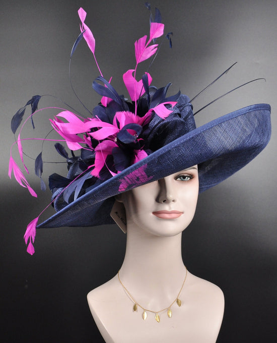 Navy Blue Sinamay Kentucky Derby Hat: Fuchsia Feather Flower Wide Brim